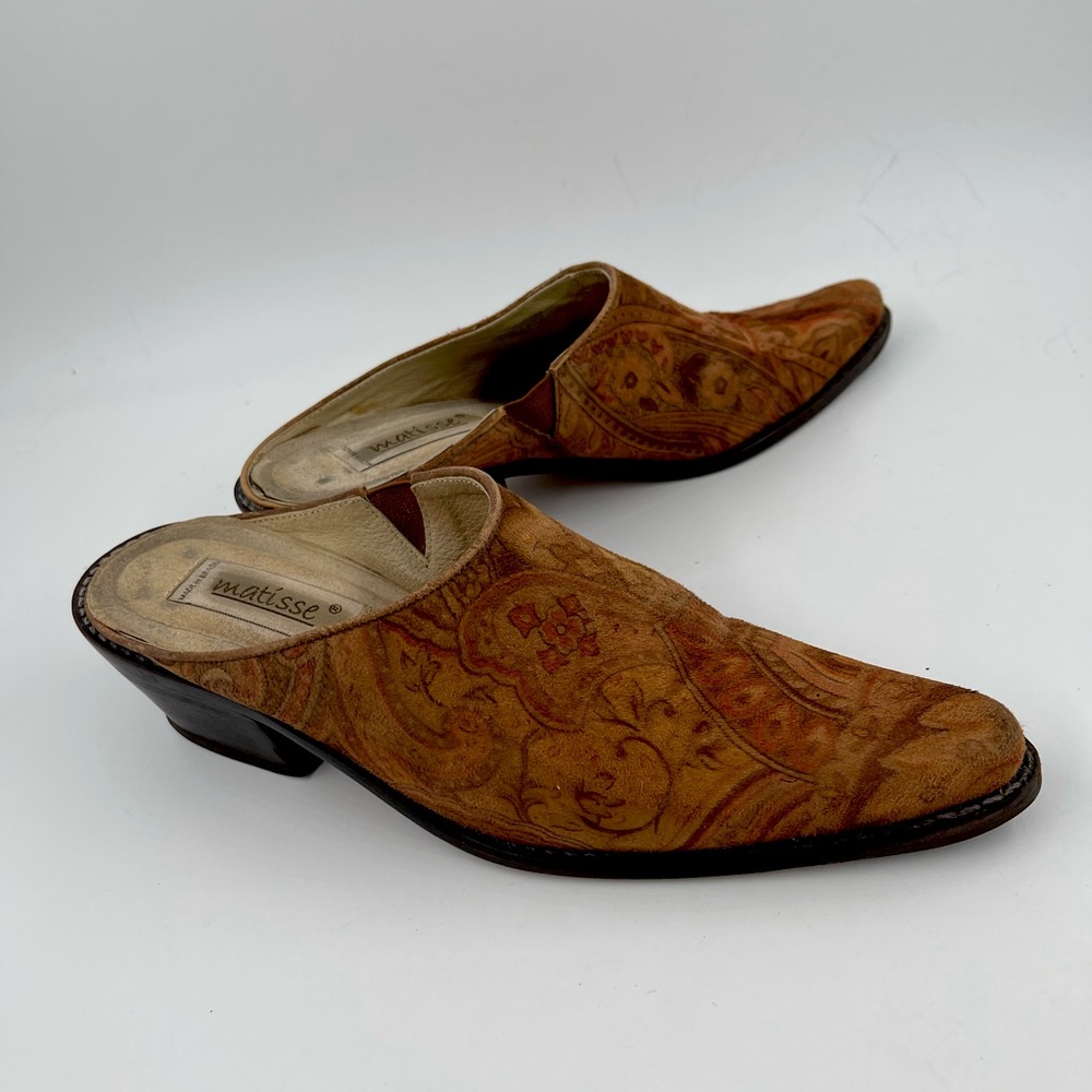 Matisse Brown Printed Suede Pointed Toe Mules 7.5
